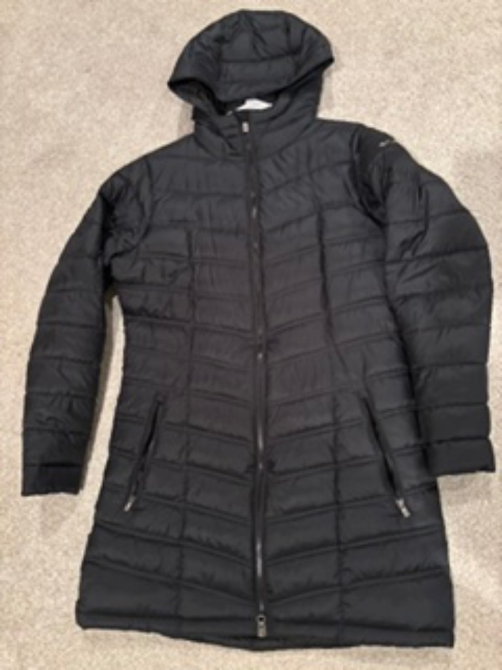 Black Columbia Puffer Coat almost knee length with Hood size S